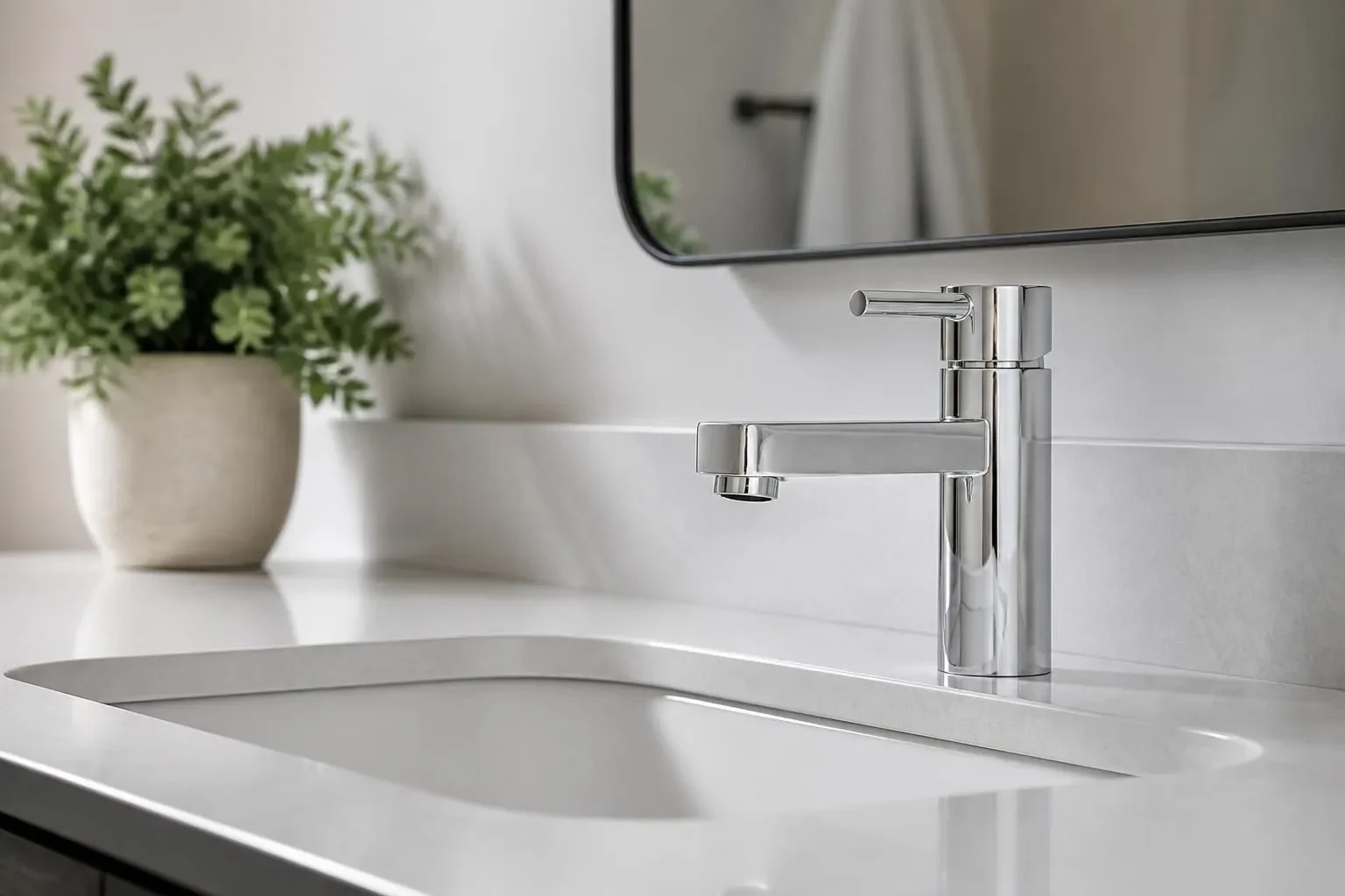 Newly installed modern faucet and sink in a bright bathroom
